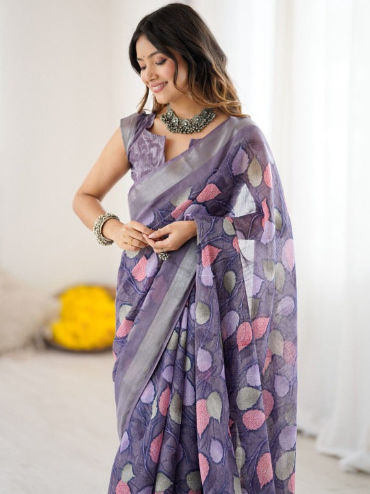 Linen Digital Printed Floral Saree with Running Blouse – 6.3 Mtr