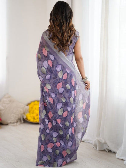 Linen Digital Printed Floral Saree with Running Blouse – 6.3 Mtr