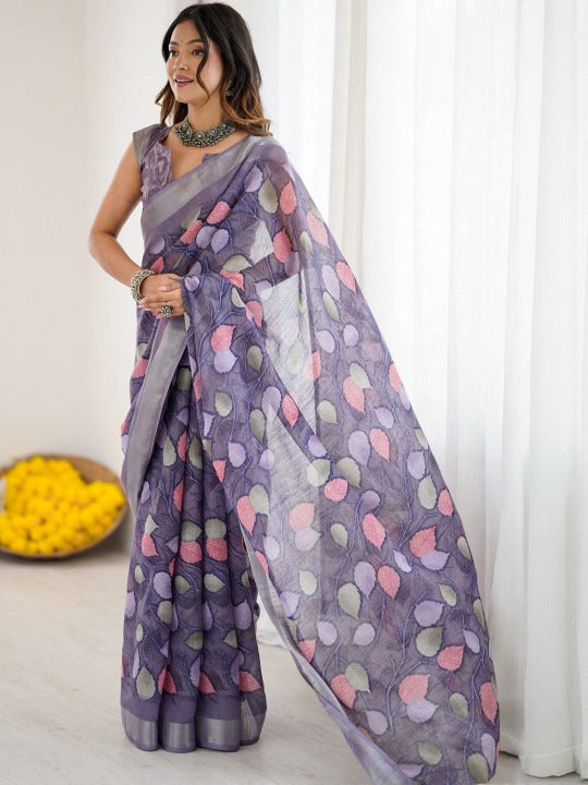 Linen Digital Printed Floral Saree with Running Blouse – 6.3 Mtr
