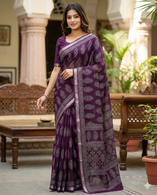 Heavy Poly-Cotton Ajrakh Print Saree with Silver Zari Border