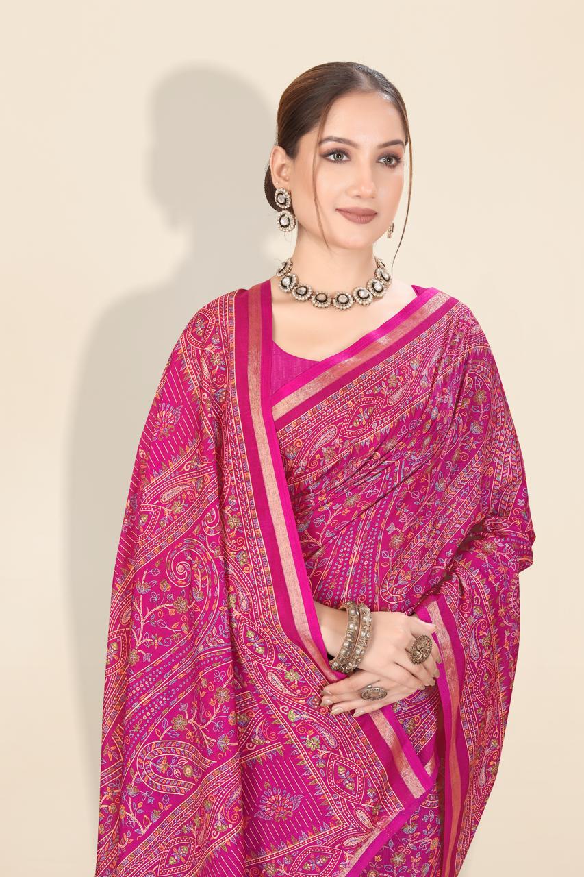 Pure Soft Tussar Silk Kashmiri Printed Saree with Rich Pallu & Golden Border | Elegant Traditional Wear