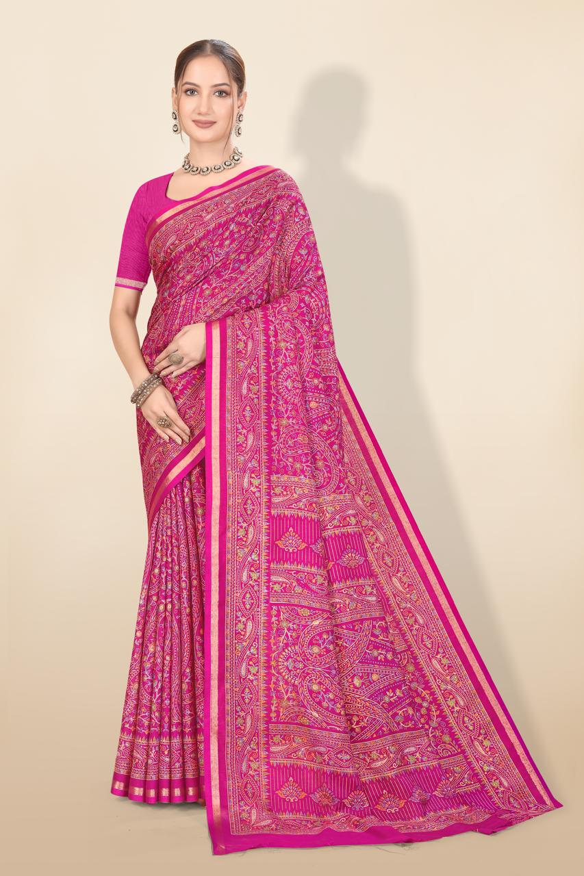 Pure Soft Tussar Silk Kashmiri Printed Saree with Rich Pallu & Golden Border | Elegant Traditional Wear