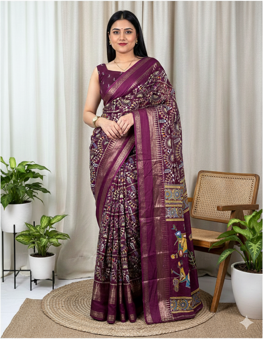 Soft Cotton Denting Kalamkari Saree with Zari Border & Printed Blouse – Swaraas