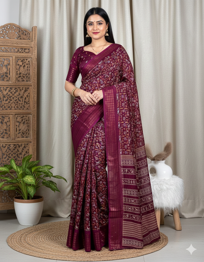 Soft Dola Silk Kalamkari Print Saree with Sequin & Zari Border | Printed Blouse – Swaraas