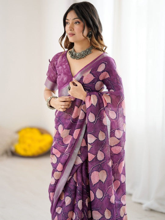 Linen Digital Printed Floral Saree with Running Blouse – 6.3 Mtr