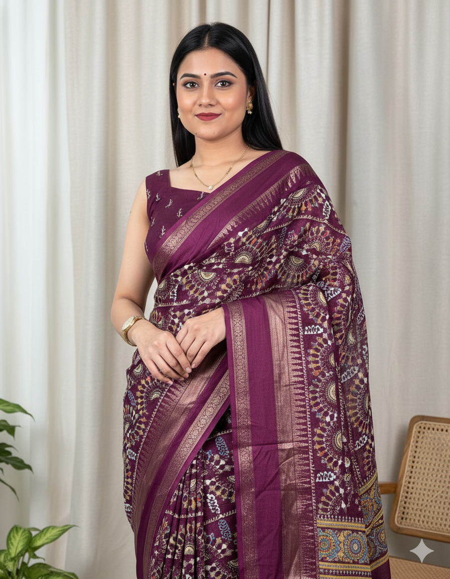Soft Cotton Denting Kalamkari Saree with Zari Border & Printed Blouse – Swaraas