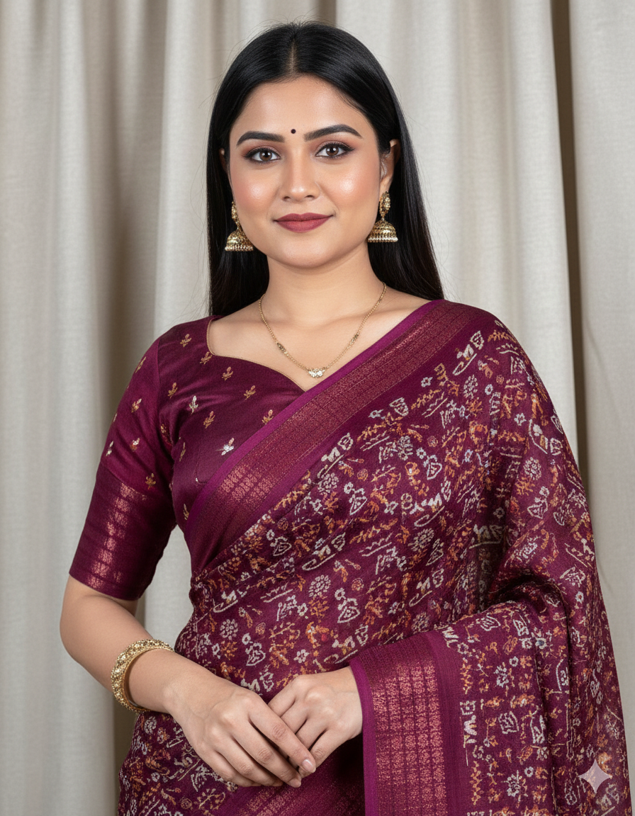 Soft Dola Silk Kalamkari Print Saree with Sequin & Zari Border | Printed Blouse – Swaraas