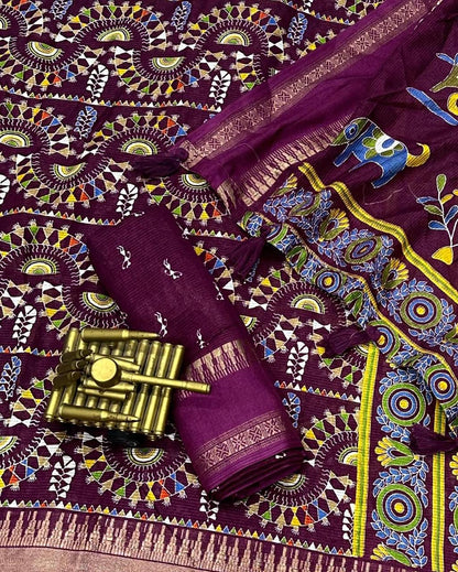 Soft Cotton Denting Kalamkari Saree with Zari Border & Printed Blouse – Swaraas