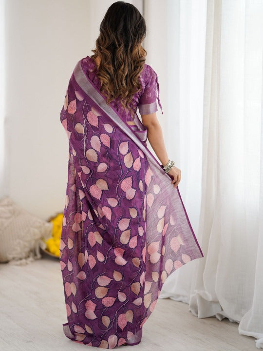 Linen Digital Printed Floral Saree with Running Blouse – 6.3 Mtr