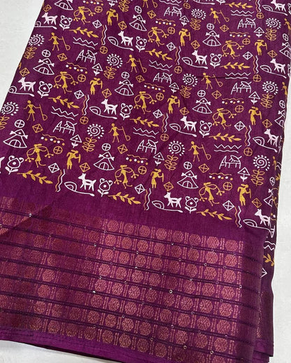 Soft Dola Silk Kalamkari Print Saree with Sequin & Zari Border | Printed Blouse – Swaraas