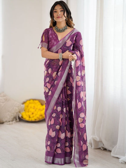 Linen Digital Printed Floral Saree with Running Blouse – 6.3 Mtr